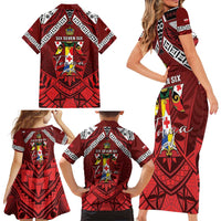 Tonga Emancipation Day Family Matching Short Sleeve Bodycon Dress and Hawaiian Shirt Tongan Kupesi Pattern