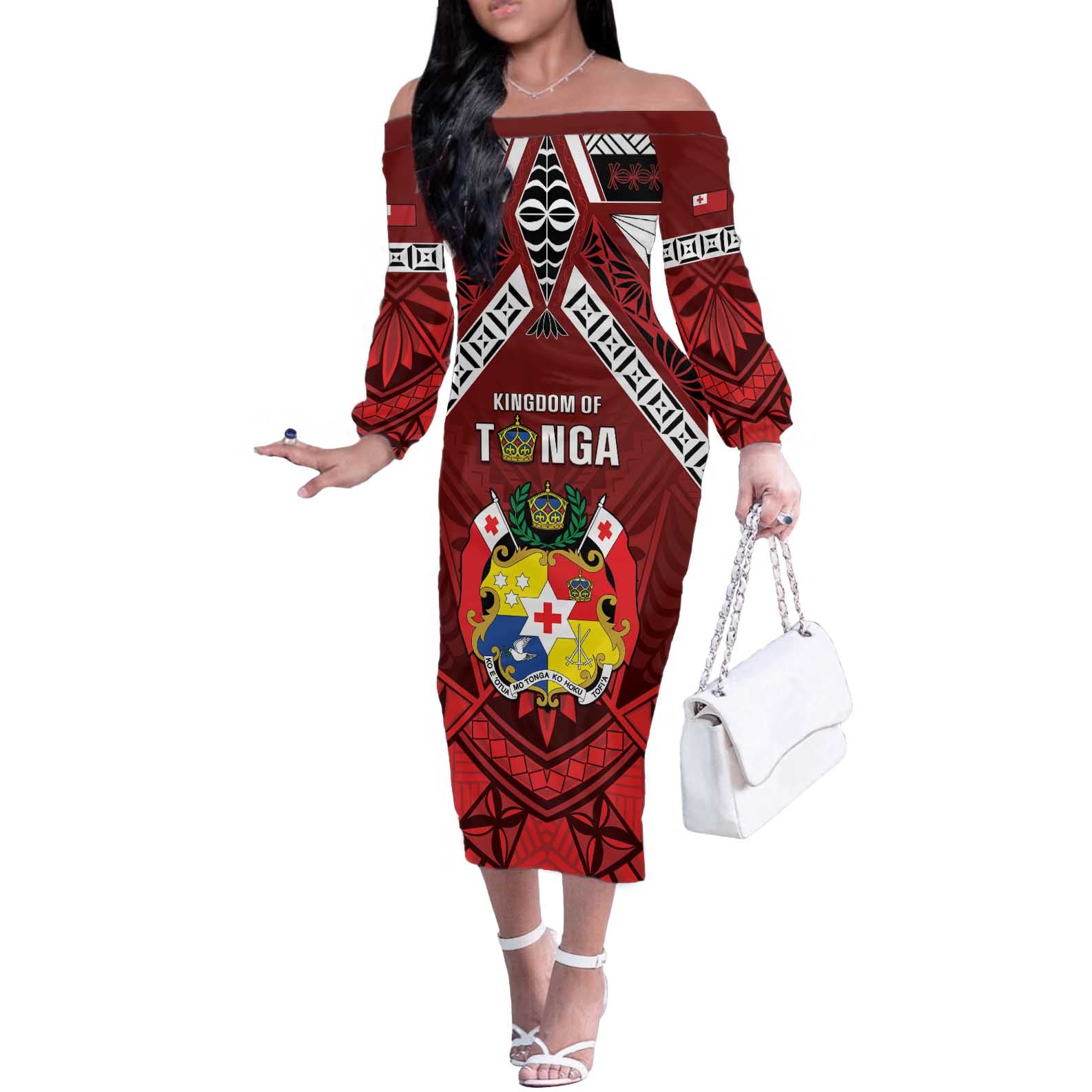 Tonga Emancipation Day Off The Shoulder Long Sleeve Dress Tongan Kupesi Pattern