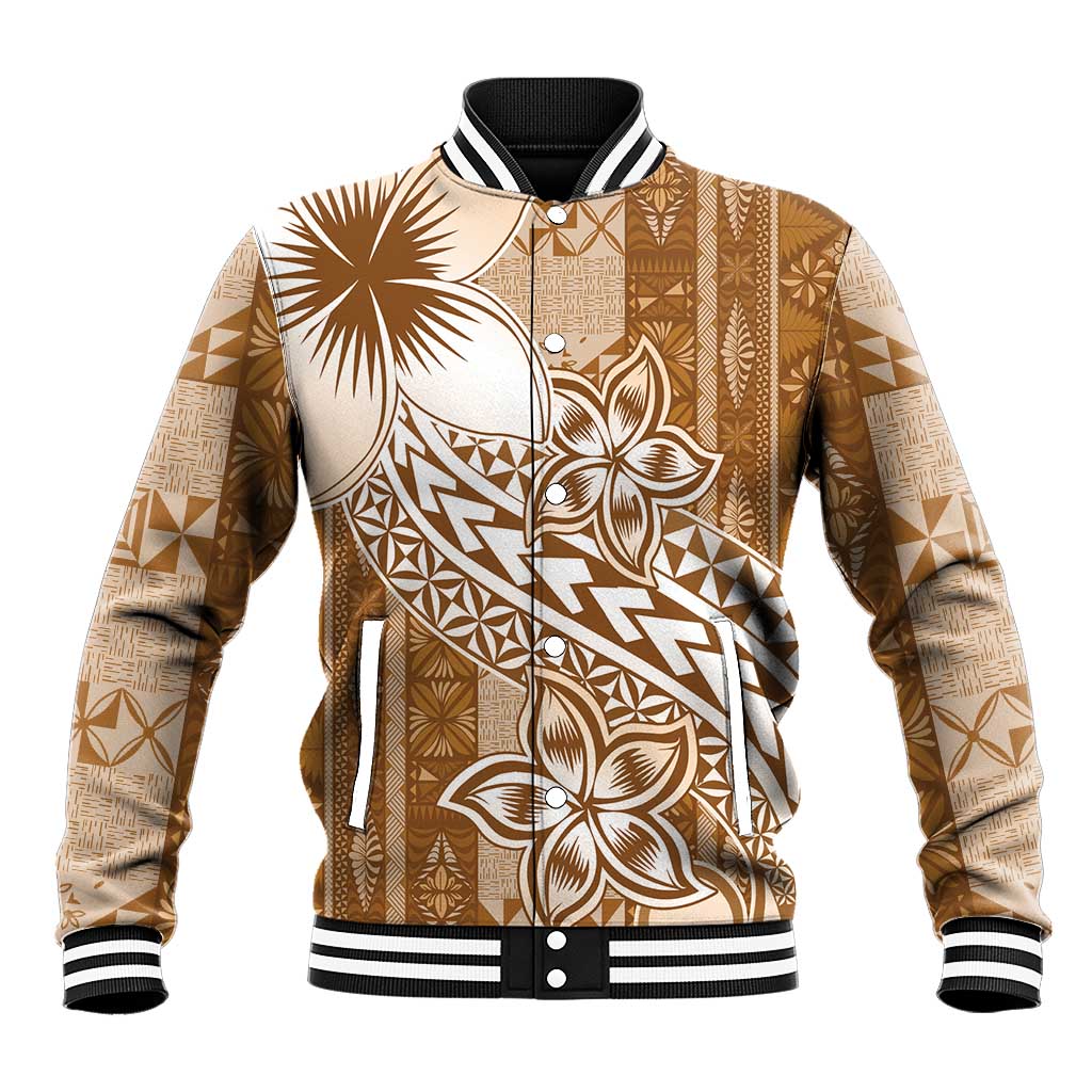 Tonga Kupesi Ngatu Baseball Jacket Vintage Brown Plumeria LT05 Unisex Brown - Polynesian Pride