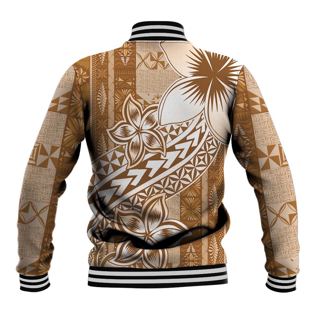 Tonga Kupesi Ngatu Baseball Jacket Vintage Brown Plumeria LT05 - Polynesian Pride