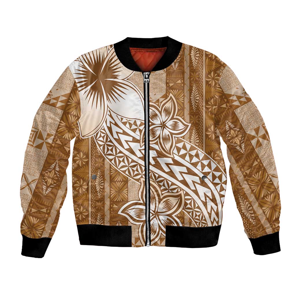 Tonga Kupesi Ngatu Bomber Jacket Vintage Brown Plumeria