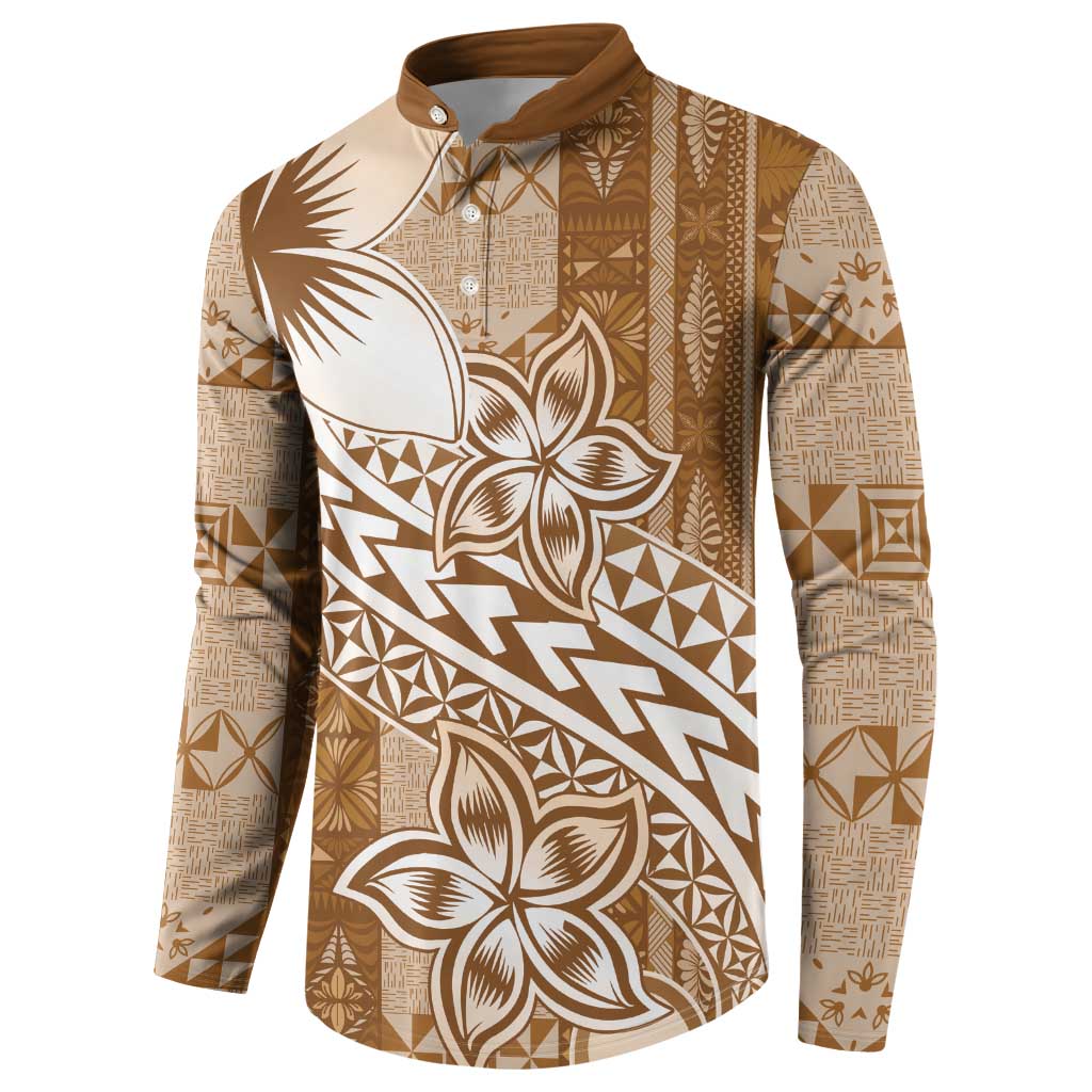 Tonga Kupesi Ngatu Button Sweatshirt Vintage Brown Plumeria LT05 - Polynesian Pride