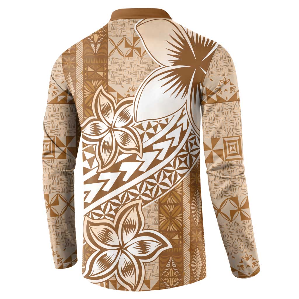 Tonga Kupesi Ngatu Button Sweatshirt Vintage Brown Plumeria LT05 - Polynesian Pride