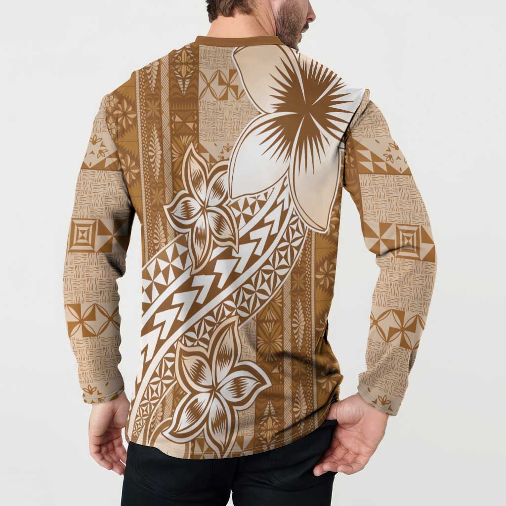 Tonga Kupesi Ngatu Button Sweatshirt Vintage Brown Plumeria LT05 - Polynesian Pride