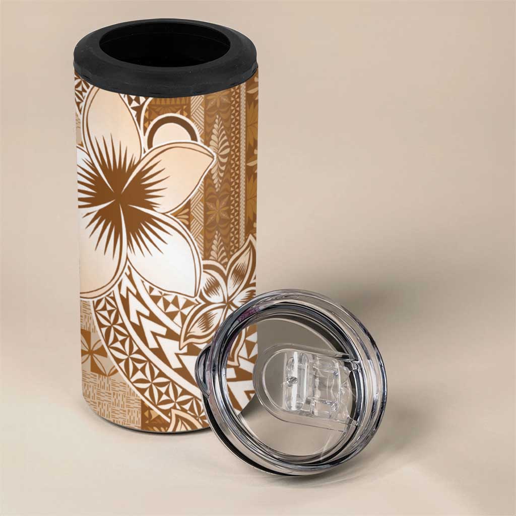Tonga Kupesi Ngatu 4 in 1 Can Cooler Tumbler Vintage Brown Plumeria LT05 - Polynesian Pride
