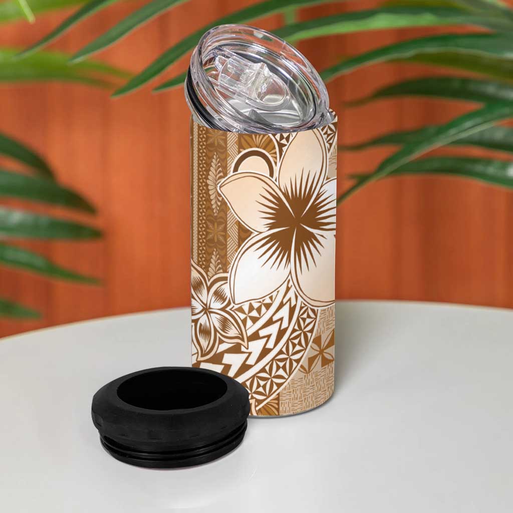 Tonga Kupesi Ngatu 4 in 1 Can Cooler Tumbler Vintage Brown Plumeria LT05 - Polynesian Pride