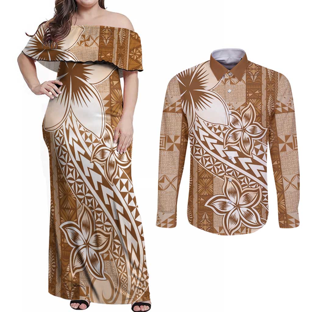 Tonga Kupesi Ngatu Couples Matching Off Shoulder Maxi Dress and Long Sleeve Button Shirt Vintage Brown Plumeria