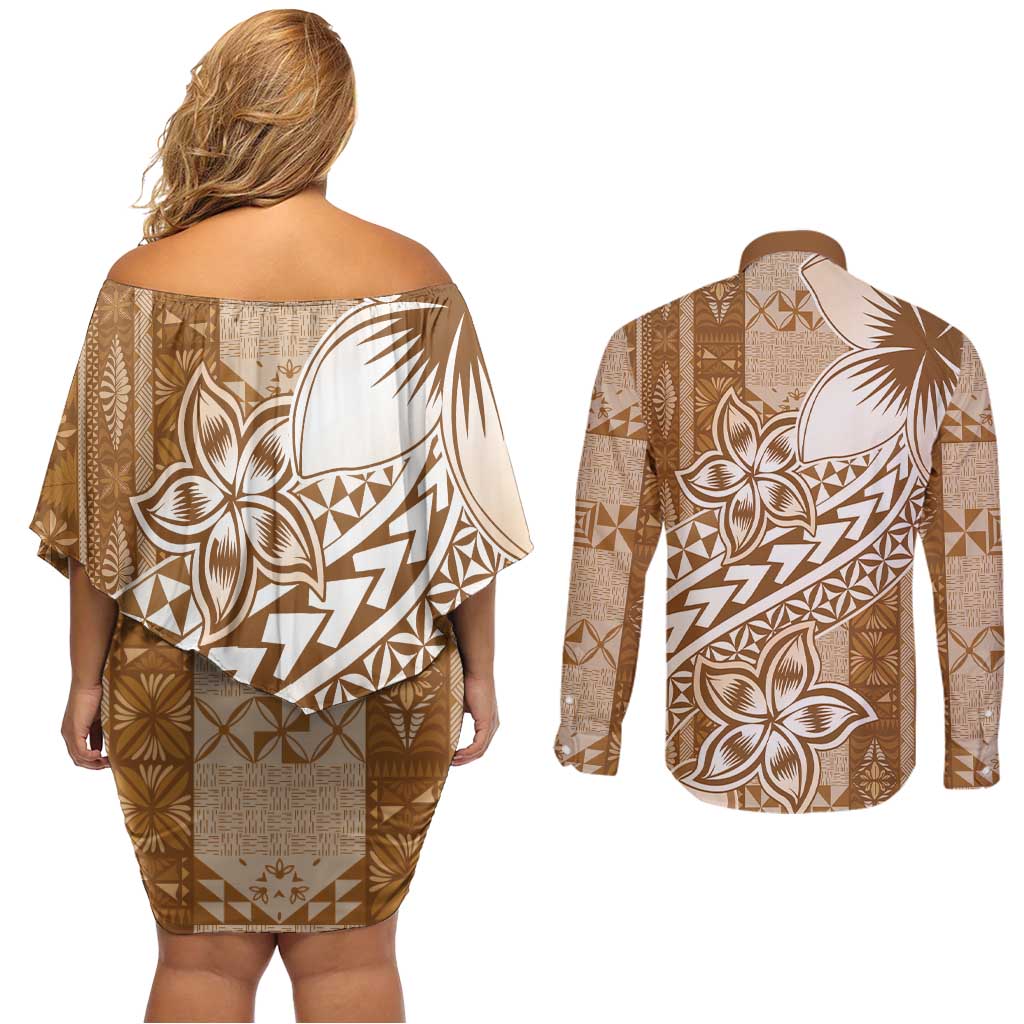 Tonga Kupesi Ngatu Couples Matching Off Shoulder Short Dress and Long Sleeve Button Shirt Vintage Brown Plumeria