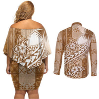 Tonga Kupesi Ngatu Couples Matching Off Shoulder Short Dress and Long Sleeve Button Shirt Vintage Brown Plumeria