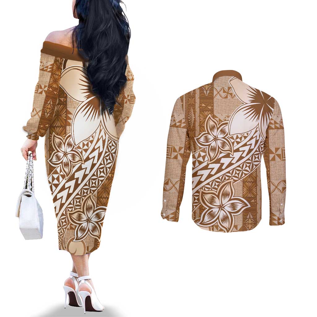 Tonga Kupesi Ngatu Couples Matching Off The Shoulder Long Sleeve Dress and Long Sleeve Button Shirt Vintage Brown Plumeria