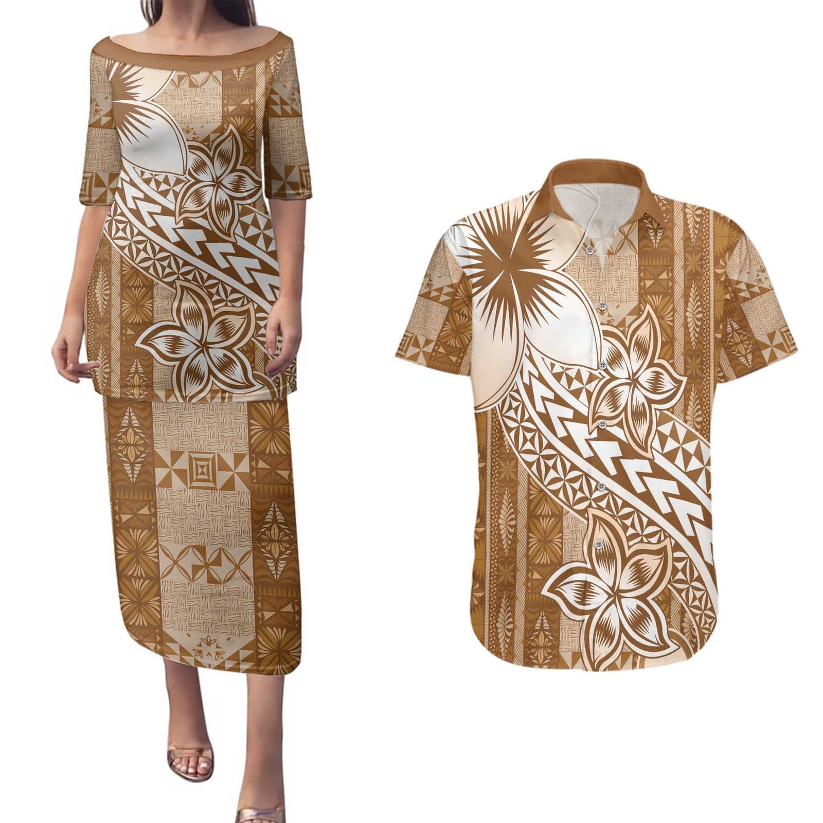 Tonga Kupesi Ngatu Couples Matching Puletasi and Hawaiian Shirt Vintage Brown Plumeria LT05 Brown - Polynesian Pride