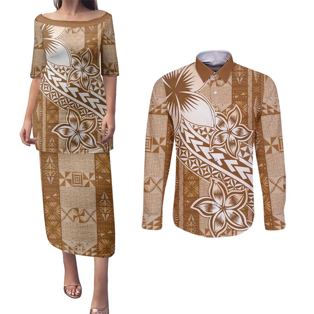 Tonga Kupesi Ngatu Couples Matching Puletasi and Long Sleeve Button Shirt Vintage Brown Plumeria LT05 Brown - Polynesian Pride