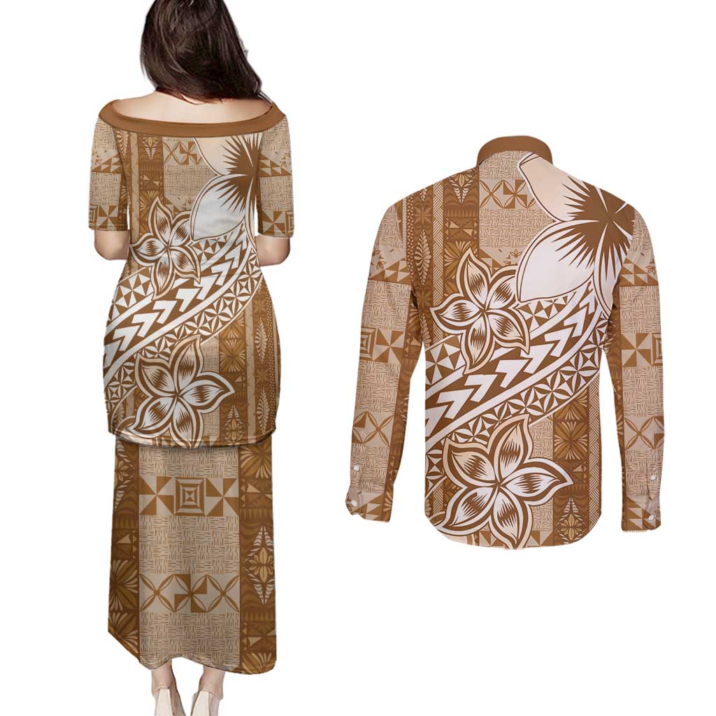 Tonga Kupesi Ngatu Couples Matching Puletasi and Long Sleeve Button Shirt Vintage Brown Plumeria LT05 - Polynesian Pride
