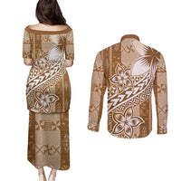 Tonga Kupesi Ngatu Couples Matching Puletasi and Long Sleeve Button Shirt Vintage Brown Plumeria LT05 - Polynesian Pride