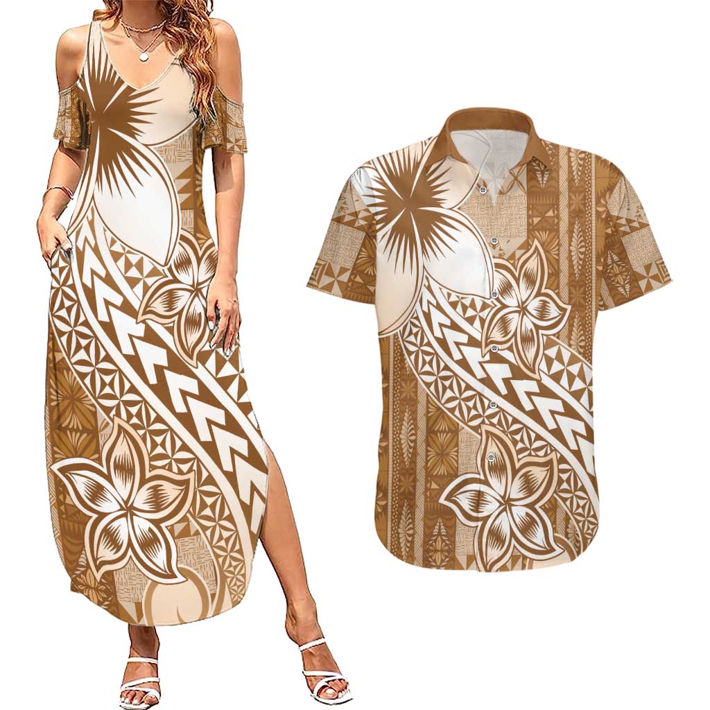 Tonga Kupesi Ngatu Couples Matching Summer Maxi Dress and Hawaiian Shirt Vintage Brown Plumeria LT05 Brown - Polynesian Pride