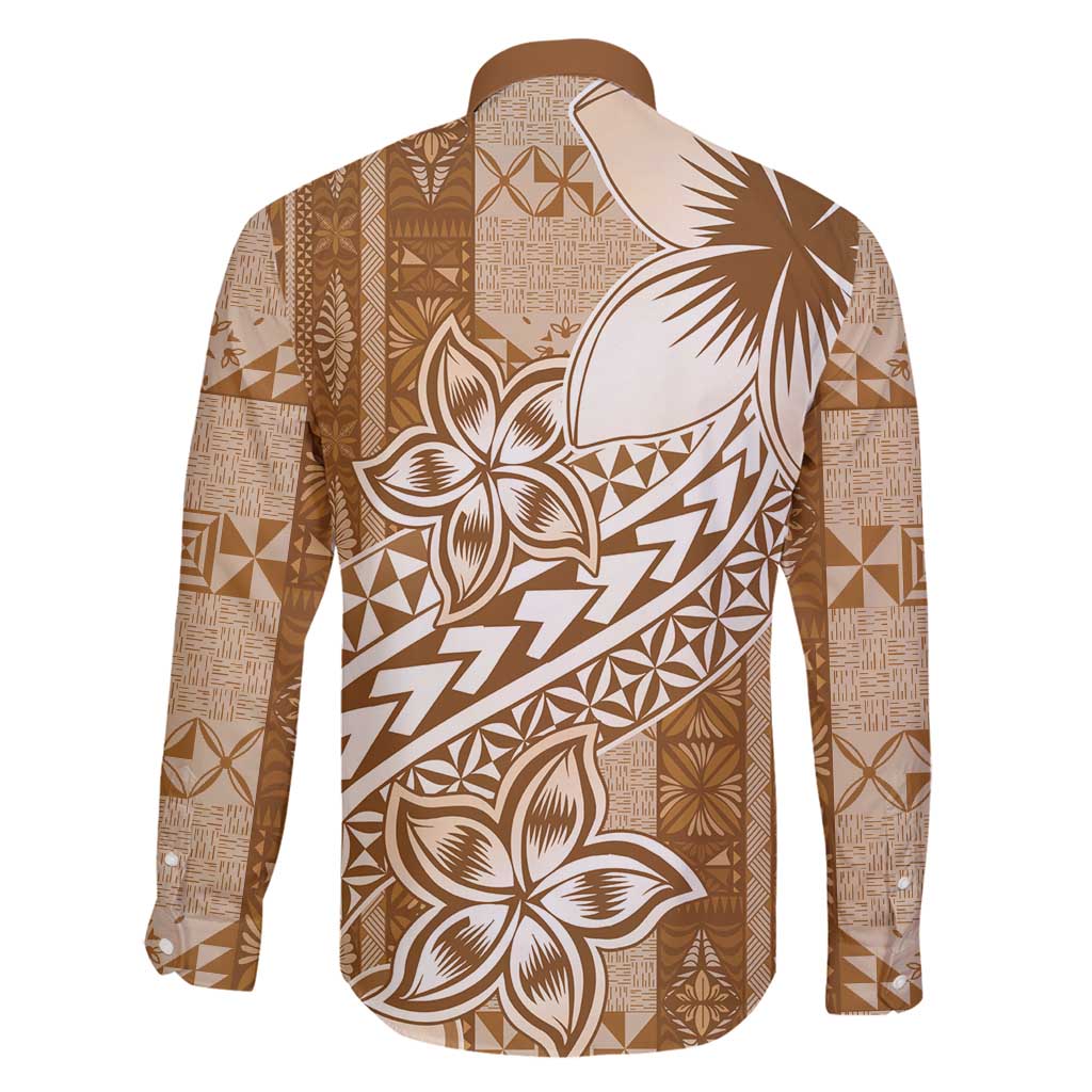 Tonga Kupesi Ngatu Family Matching Long Sleeve Bodycon Dress and Hawaiian Shirt Vintage Brown Plumeria