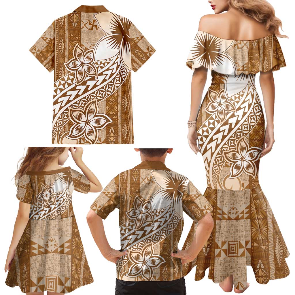 Tonga Kupesi Ngatu Family Matching Mermaid Dress and Hawaiian Shirt Vintage Brown Plumeria