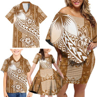 Tonga Kupesi Ngatu Family Matching Off Shoulder Short Dress and Hawaiian Shirt Vintage Brown Plumeria