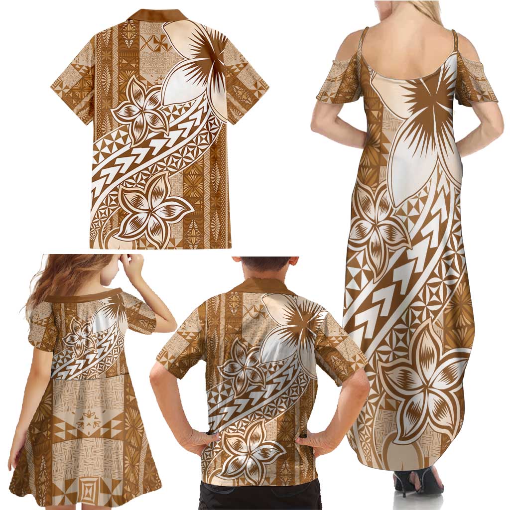 Tonga Kupesi Ngatu Family Matching Summer Maxi Dress and Hawaiian Shirt Vintage Brown Plumeria