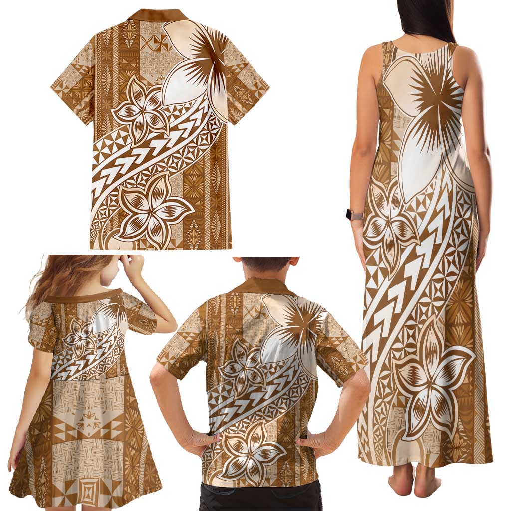 Tonga Kupesi Ngatu Family Matching Tank Maxi Dress and Hawaiian Shirt Vintage Brown Plumeria