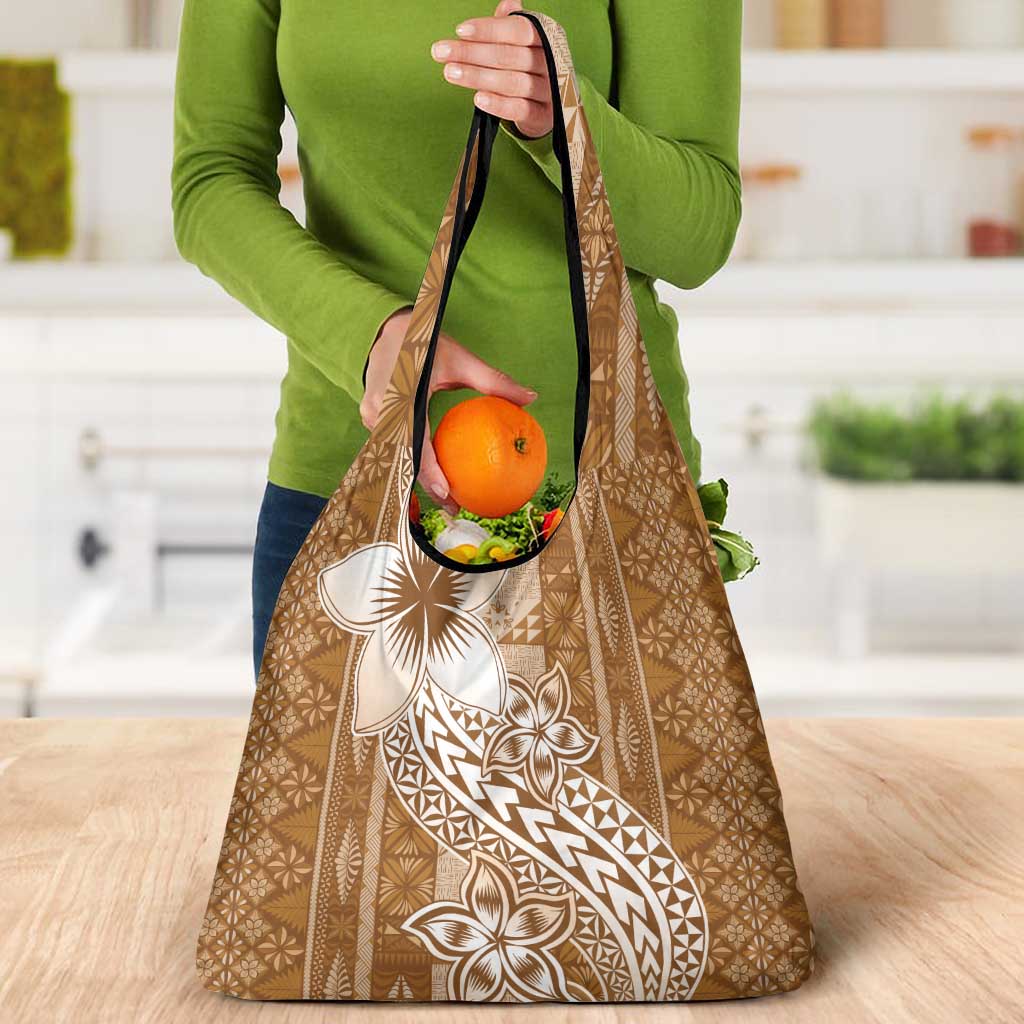 Tonga Kupesi Ngatu Grocery Bag Vintage Brown Plumeria LT05 - Polynesian Pride