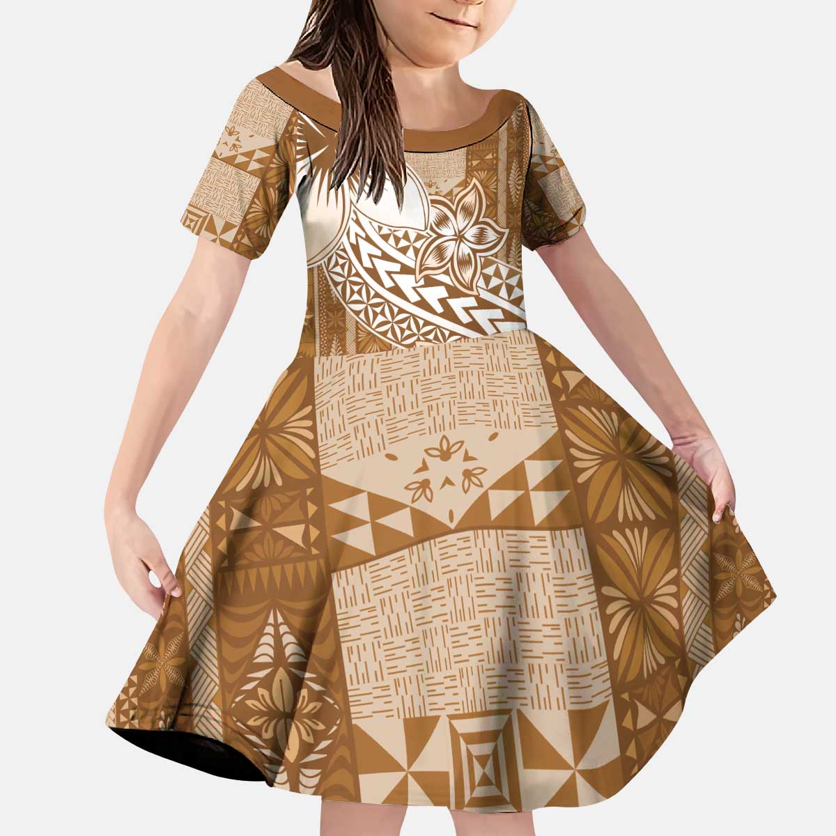 Tonga Kupesi Ngatu Kid Short Sleeve Dress Vintage Brown Plumeria LT05 KID Brown - Polynesian Pride