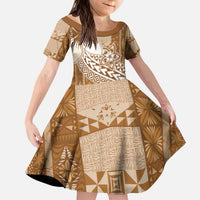 Tonga Kupesi Ngatu Kid Short Sleeve Dress Vintage Brown Plumeria LT05 KID Brown - Polynesian Pride