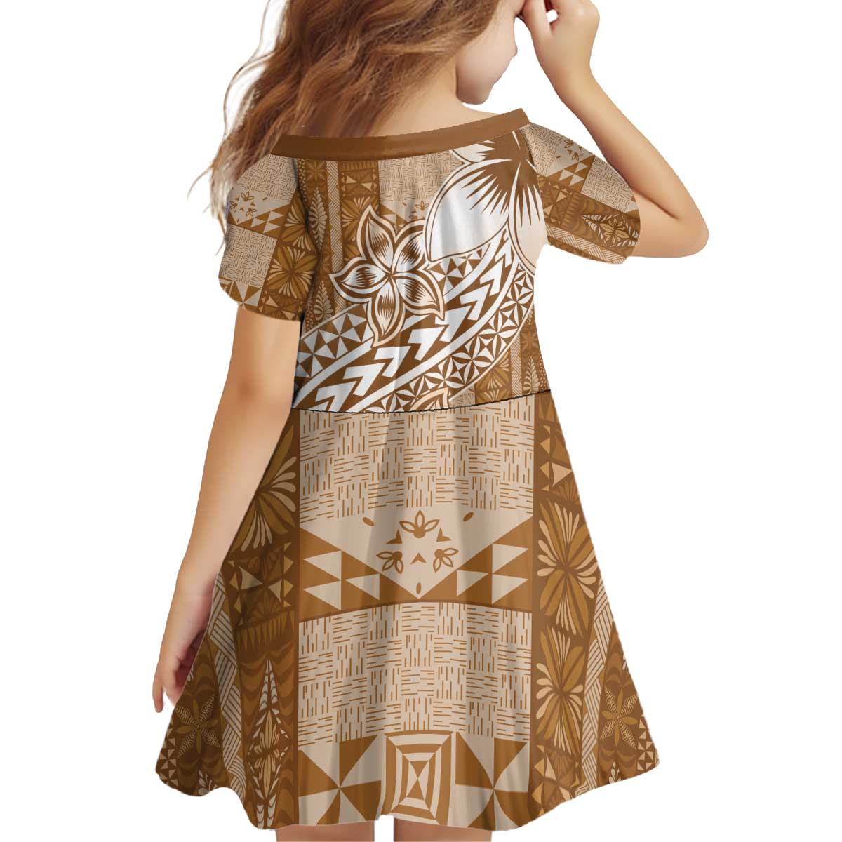 Tonga Kupesi Ngatu Kid Short Sleeve Dress Vintage Brown Plumeria LT05 - Polynesian Pride