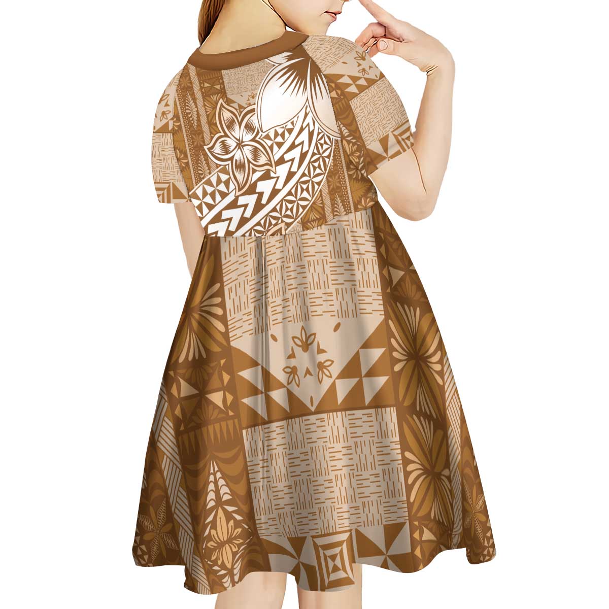 Tonga Kupesi Ngatu Kid Short Sleeve Dress Vintage Brown Plumeria LT05 - Polynesian Pride