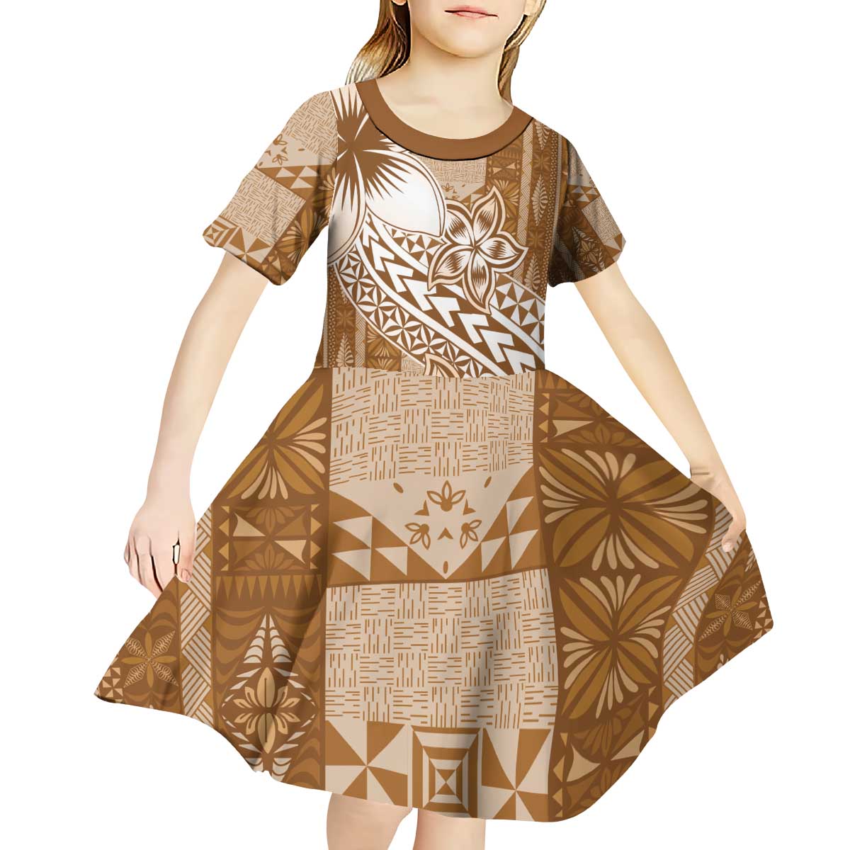 Tonga Kupesi Ngatu Kid Short Sleeve Dress Vintage Brown Plumeria LT05 - Polynesian Pride
