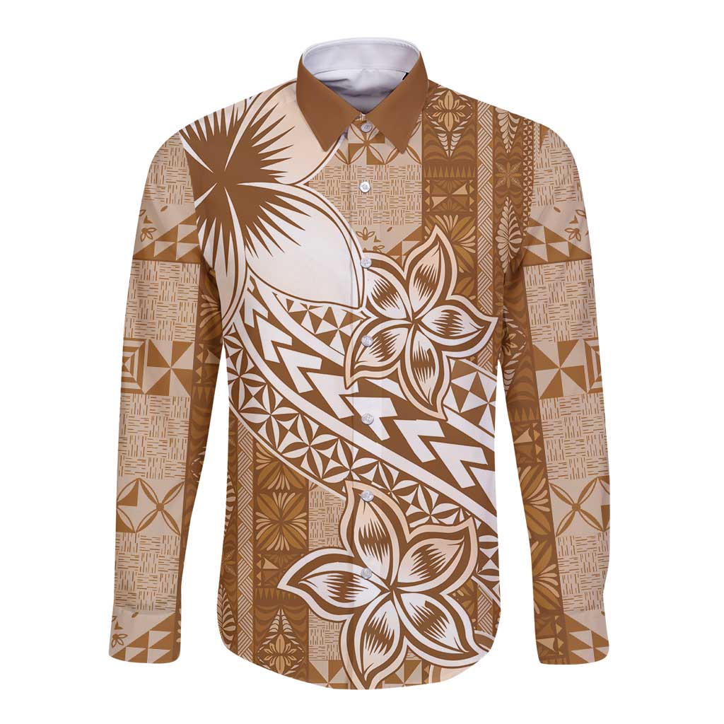 Tonga Kupesi Ngatu Long Sleeve Button Shirt Vintage Brown Plumeria LT05 Unisex Brown - Polynesian Pride