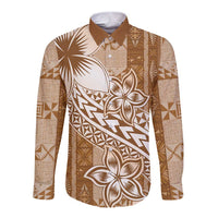 Tonga Kupesi Ngatu Long Sleeve Button Shirt Vintage Brown Plumeria LT05 Unisex Brown - Polynesian Pride