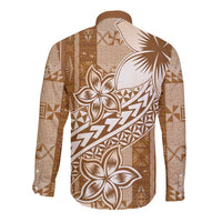 Tonga Kupesi Ngatu Long Sleeve Button Shirt Vintage Brown Plumeria LT05 - Polynesian Pride