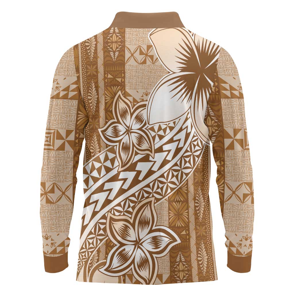 Tonga Kupesi Ngatu Long Sleeve Polo Shirt Vintage Brown Plumeria