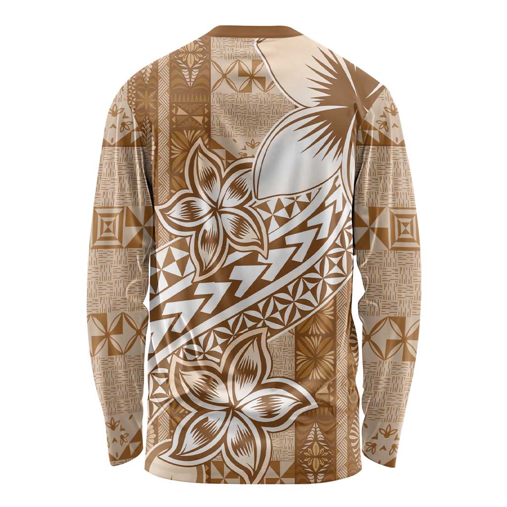 Tonga Kupesi Ngatu Long Sleeve Shirt Vintage Brown Plumeria LT05 - Polynesian Pride