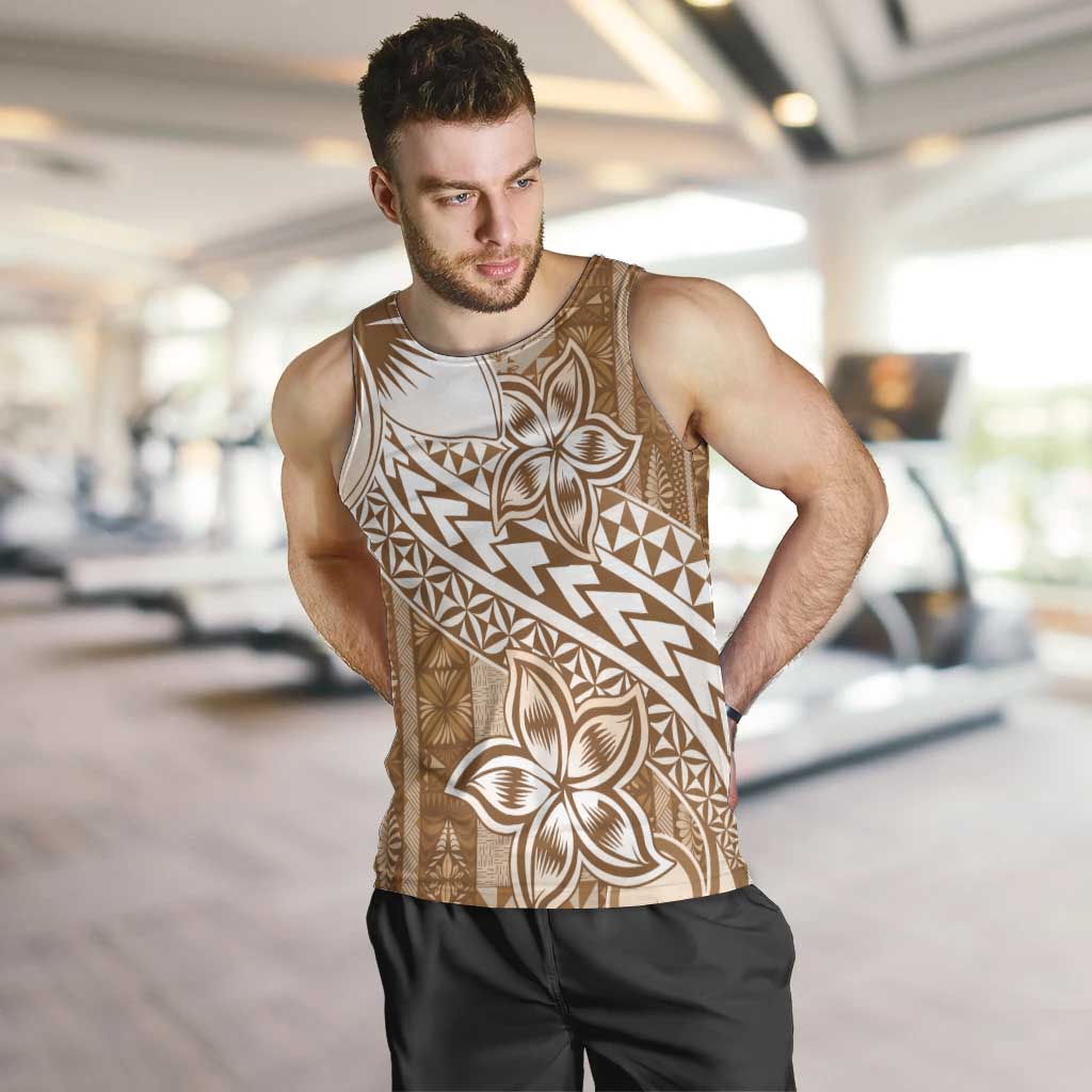 Tonga Kupesi Ngatu Men Tank Top Vintage Brown Plumeria LT05 Brown - Polynesian Pride