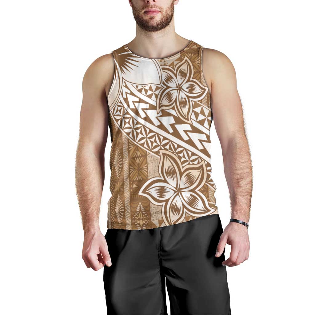 Tonga Kupesi Ngatu Men Tank Top Vintage Brown Plumeria LT05 - Polynesian Pride