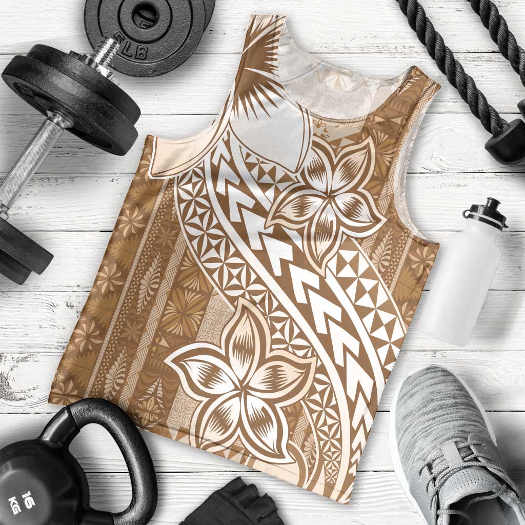 Tonga Kupesi Ngatu Men Tank Top Vintage Brown Plumeria LT05 - Polynesian Pride