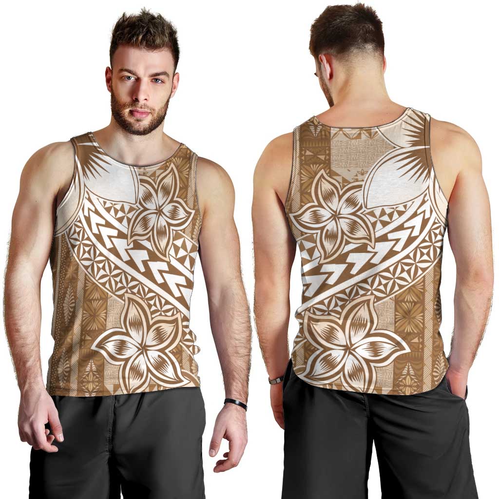 Tonga Kupesi Ngatu Men Tank Top Vintage Brown Plumeria LT05 - Polynesian Pride