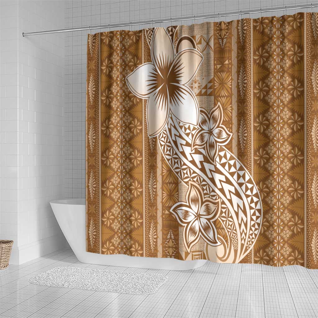 Tonga Kupesi Ngatu Shower Curtain Vintage Brown Plumeria
