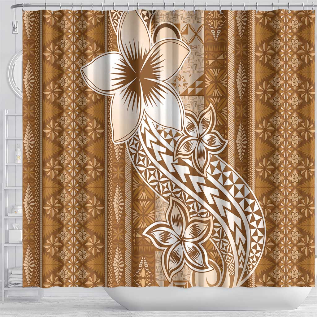 Tonga Kupesi Ngatu Shower Curtain Vintage Brown Plumeria