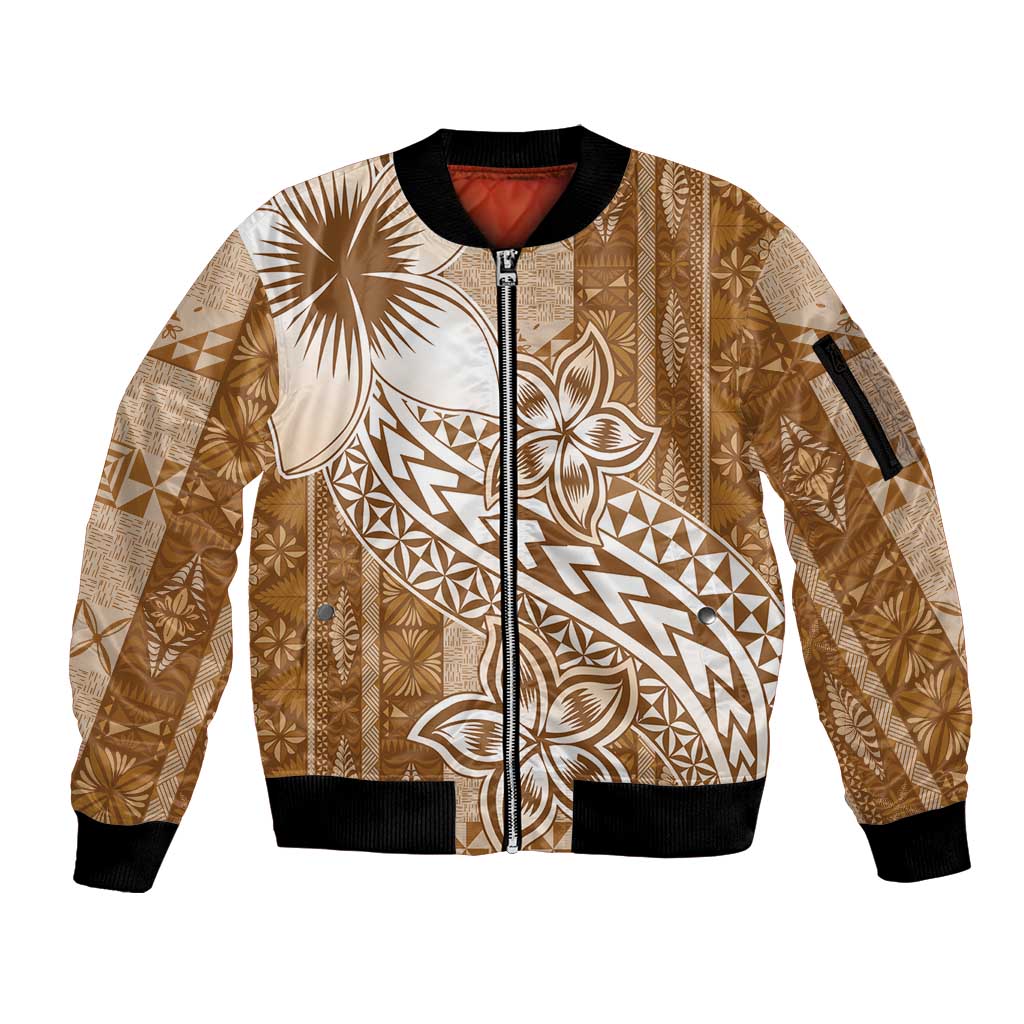 Tonga Kupesi Ngatu Sleeve Zip Bomber Jacket Vintage Brown Plumeria