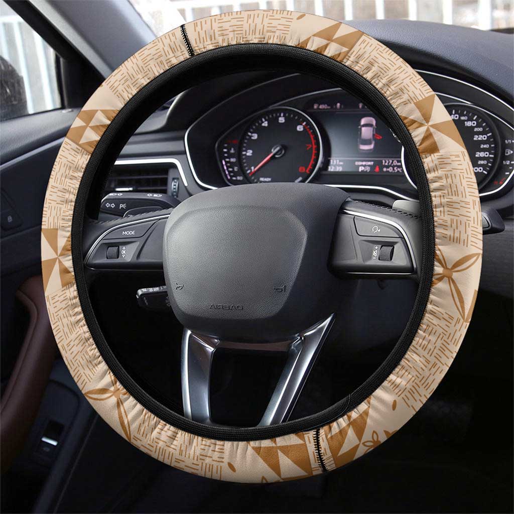 Tonga Kupesi Ngatu Steering Wheel Cover Vintage Brown Plumeria LT05 - Polynesian Pride