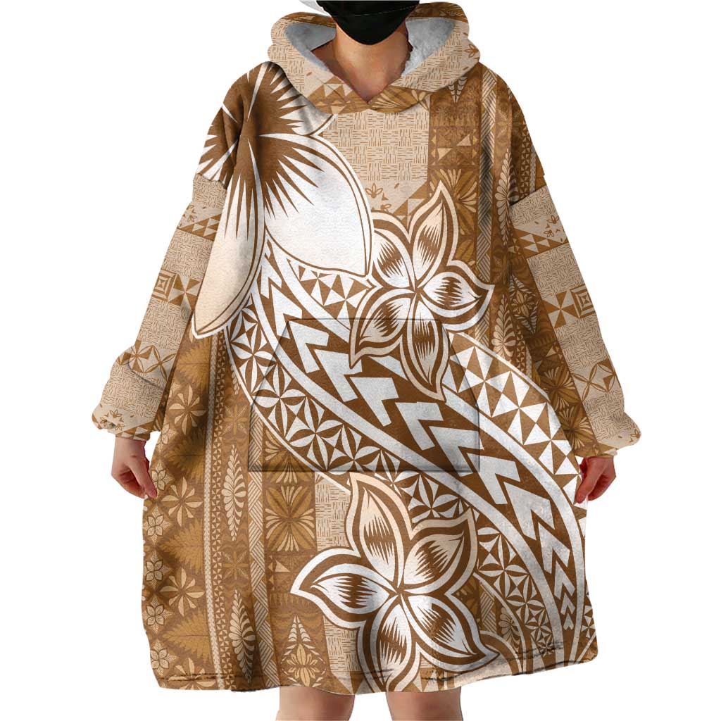 Tonga Kupesi Ngatu Wearable Blanket Hoodie Vintage Brown Plumeria