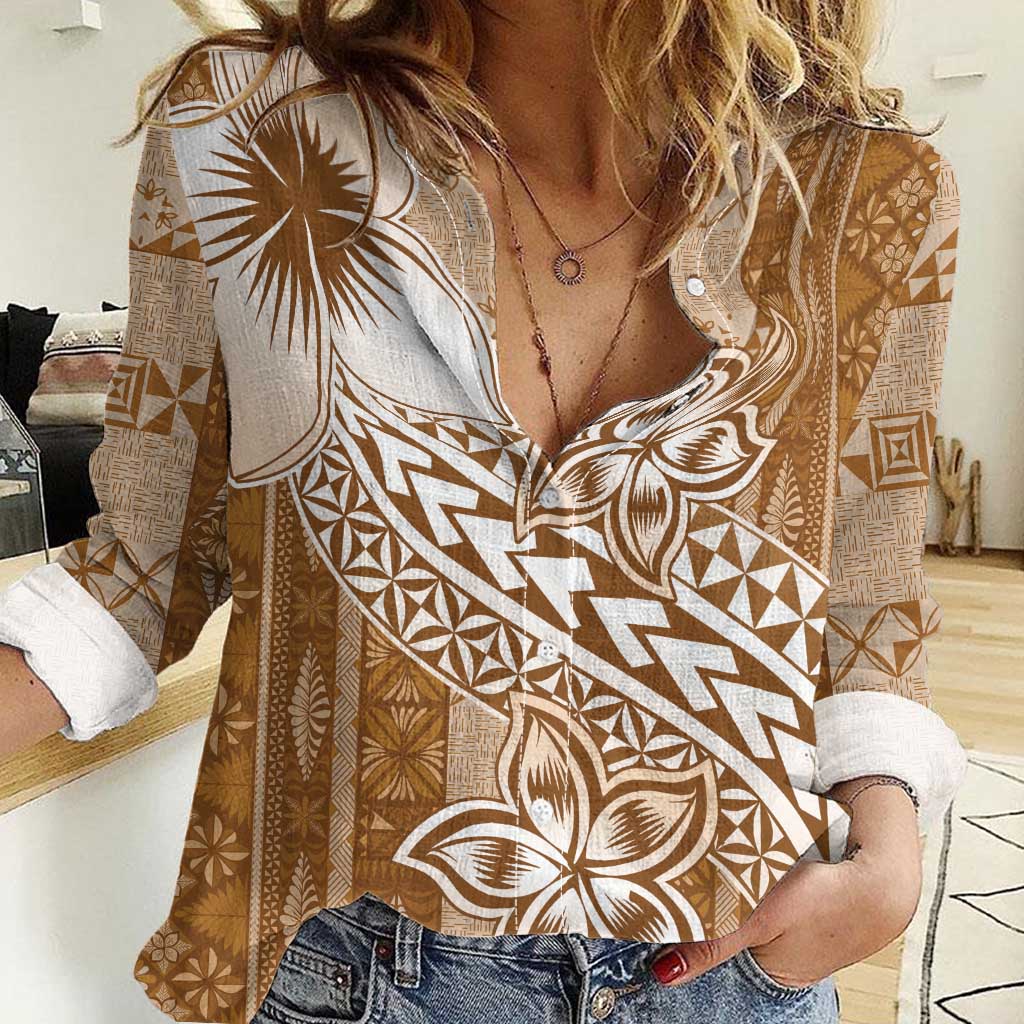 Tonga Kupesi Ngatu Women Casual Shirt Vintage Brown Plumeria