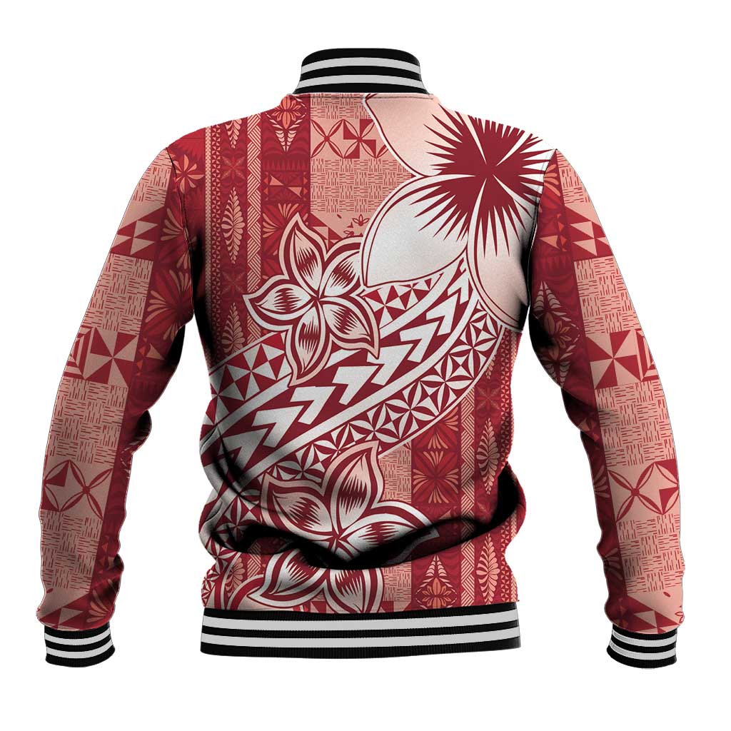 Tonga Kupesi Ngatu Baseball Jacket Vintage Red Plumeria LT05 - Polynesian Pride
