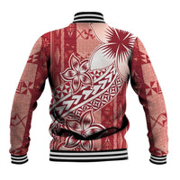 Tonga Kupesi Ngatu Baseball Jacket Vintage Red Plumeria LT05 - Polynesian Pride