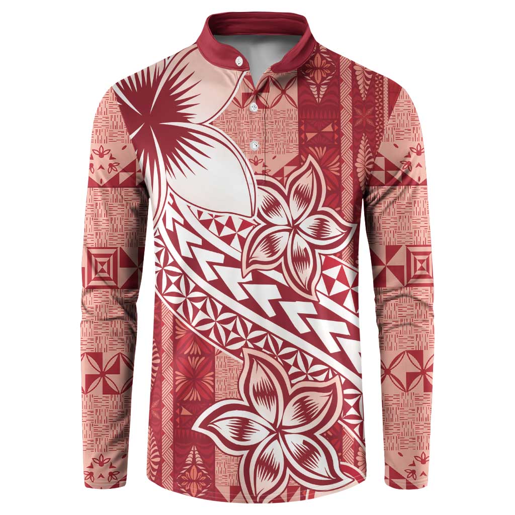 Tonga Kupesi Ngatu Button Sweatshirt Vintage Red Plumeria LT05 Red - Polynesian Pride