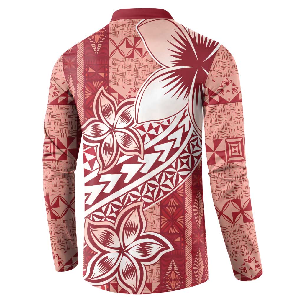 Tonga Kupesi Ngatu Button Sweatshirt Vintage Red Plumeria LT05 - Polynesian Pride