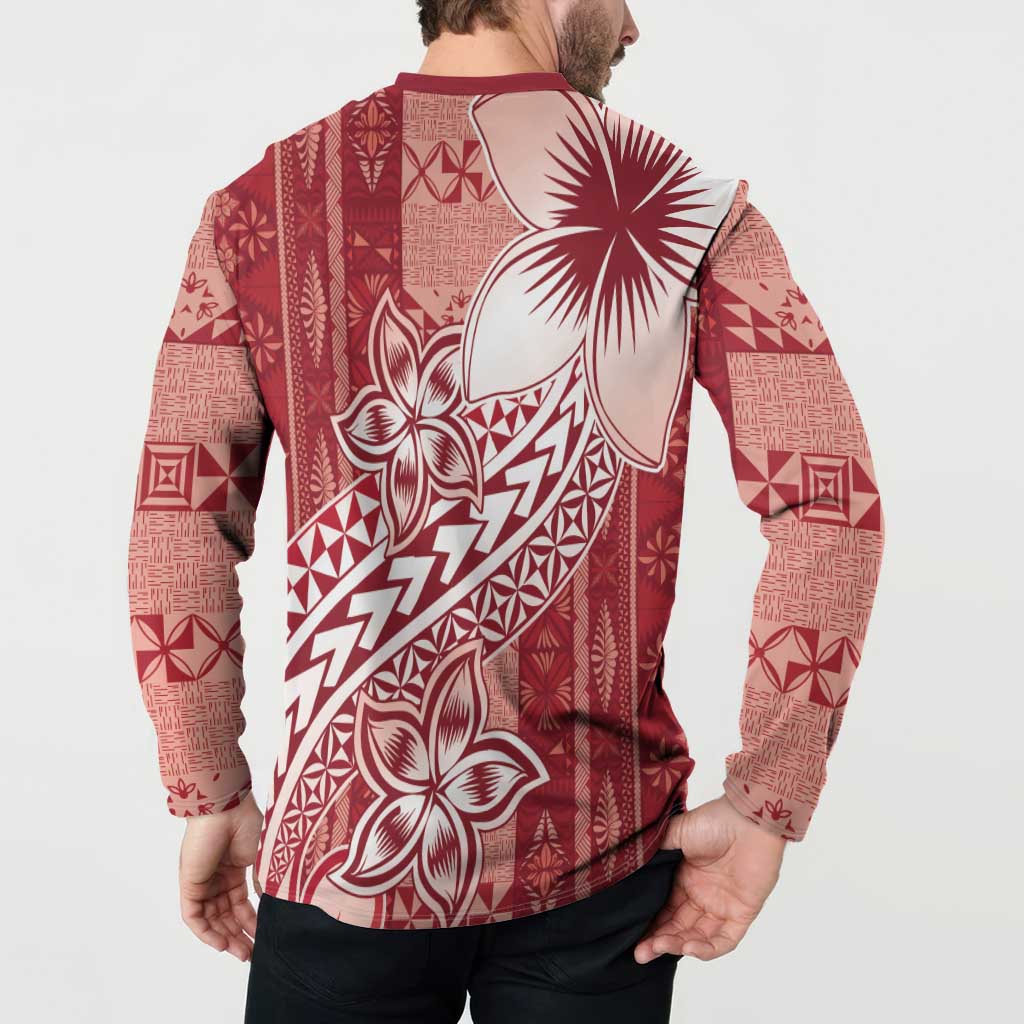 Tonga Kupesi Ngatu Button Sweatshirt Vintage Red Plumeria LT05 - Polynesian Pride